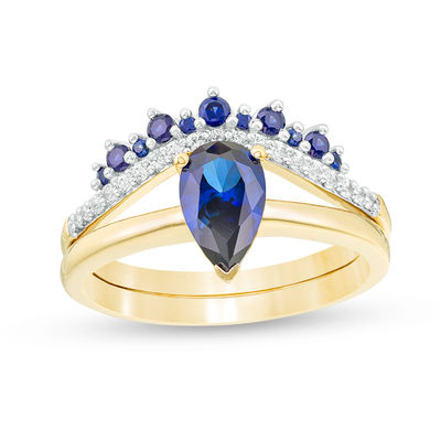 Pear-Shaped Lab-Created Blue and White Sapphire Crown Bridal Set in 10K Gold