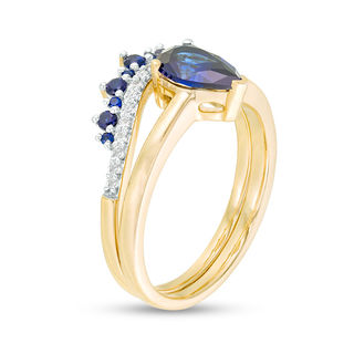 Pear-Shaped Lab-Created Blue and White Sapphire Crown Bridal Set in 10K Gold