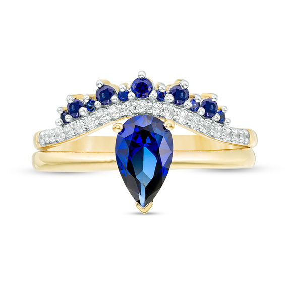 Pear-Shaped Lab-Created Blue and White Sapphire Crown Bridal Set in 10K Gold