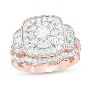 1.59 CT. T.W. Diamond Three Stone Cushion Frame Bridal Set in 10K Rose Gold