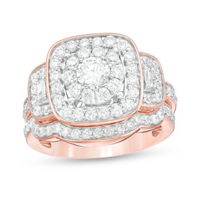 1.59 CT. T.W. Diamond Three Stone Cushion Frame Bridal Set in 10K Rose Gold