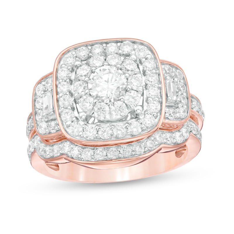 1.59 CT. T.W. Diamond Three Stone Cushion Frame Bridal Set in 10K Rose Gold|Peoples Jewellers
