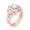 1.59 CT. T.W. Diamond Three Stone Cushion Frame Bridal Set in 10K Rose Gold