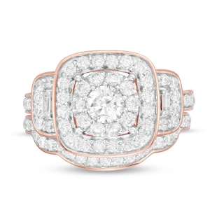 1.59 CT. T.W. Diamond Three Stone Cushion Frame Bridal Set in 10K Rose Gold