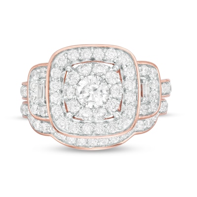 1.59 CT. T.W. Diamond Three Stone Cushion Frame Bridal Set in 10K Rose Gold