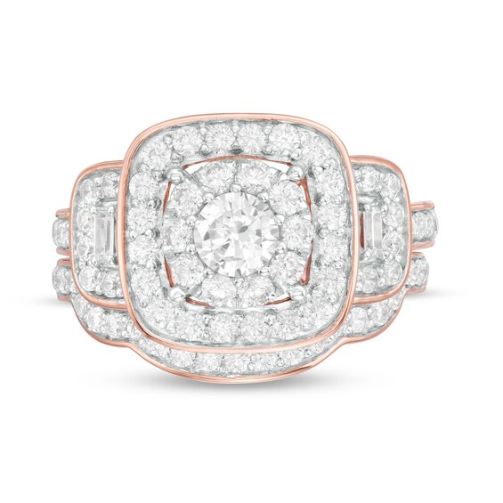 1.59 CT. T.W. Diamond Three Stone Cushion Frame Bridal Set in 10K Rose Gold