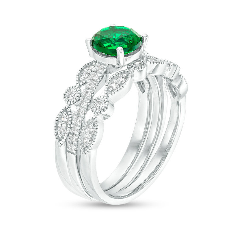 6.5mm Lab-Created Emerald and 0.25 CT. T.W. Diamond Vintage-Style Three Piece Bridal Set in Sterling Silver|Peoples Jewellers