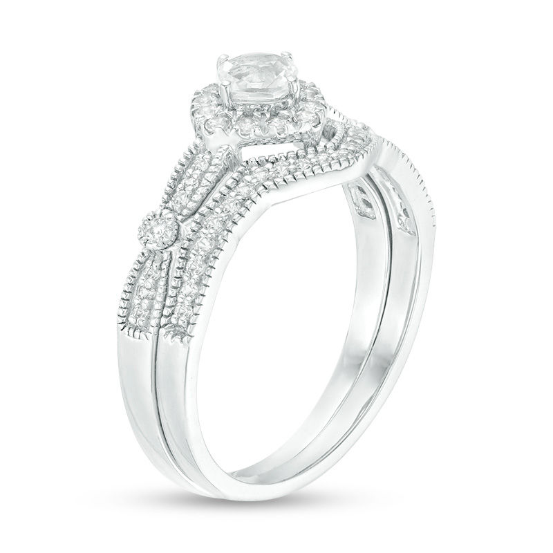 4.0mm Cushion-Cut Lab-Created White Sapphire Frame Vintage-Style Bridal Set in 10K White Gold|Peoples Jewellers