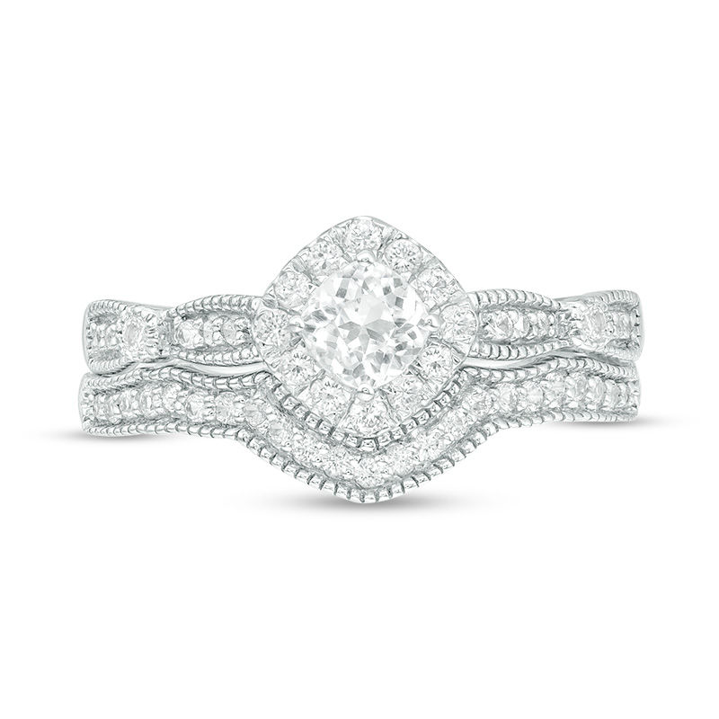 4.0mm Cushion-Cut Lab-Created White Sapphire Frame Vintage-Style Bridal Set in 10K White Gold|Peoples Jewellers