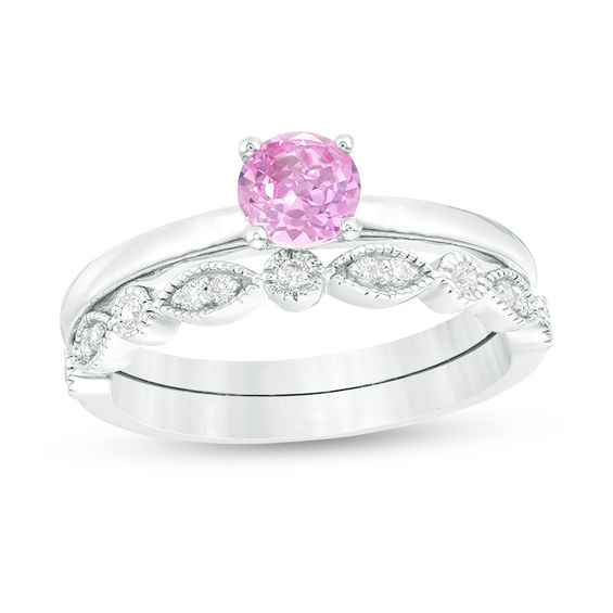 5.0mm Lab-Created Pink Sapphire and 0.085 CT. T.W. Diamond Vintage-Style Bridal Set in 10K White Gold