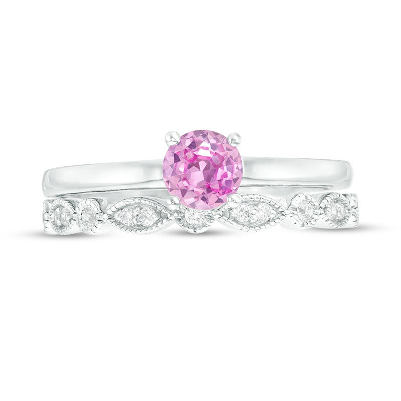 5.0mm Lab-Created Pink Sapphire and 0.085 CT. T.W. Diamond Vintage-Style Bridal Set in 10K White Gold|Peoples Jewellers