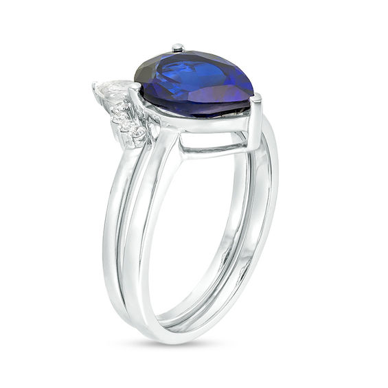 Pear-Shaped Lab-Created Blue Sapphire, White Topaz and 0.04 CT. T.W. Diamond Crown Bridal Set in 10K White Gold