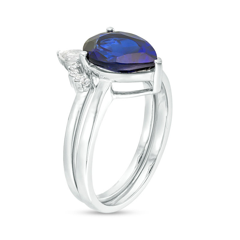 Pear-Shaped Lab-Created Blue Sapphire, White Topaz and 0.04 CT. T.W. Diamond Crown Bridal Set in 10K White Gold|Peoples Jewellers