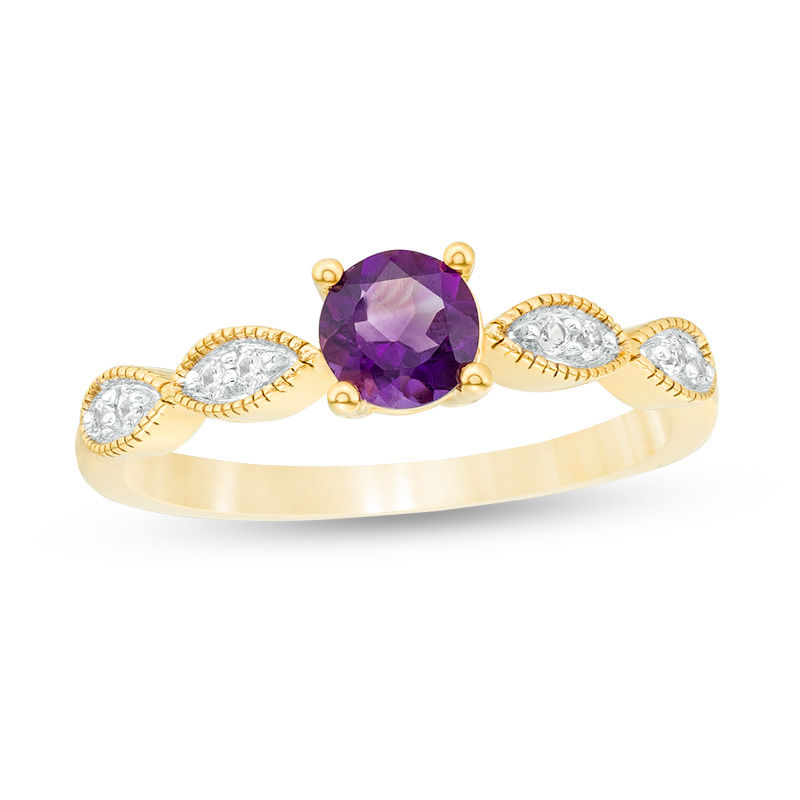 5.0mm Amethyst and Lab-Created White Sapphire Marquise Shank Vintage-Style Ring in 10K Gold|Peoples Jewellers