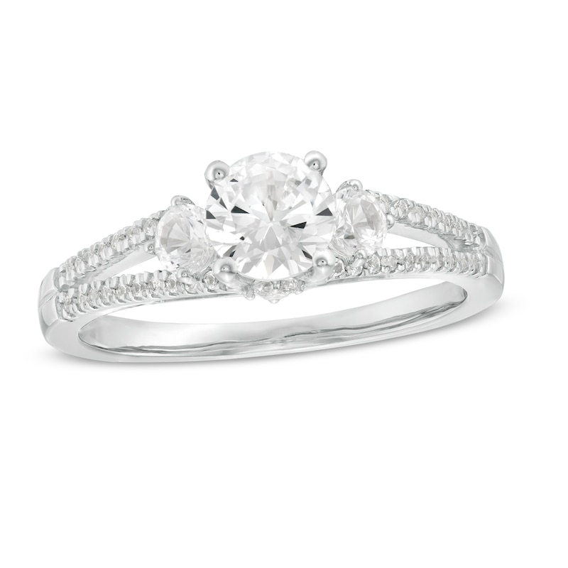 Lab-Created White Sapphire Three Stone Split Shank Ring in Sterling Silver|Peoples Jewellers