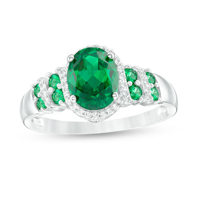 Oval Lab-Created Emerald and White Sapphire Frame Double Row Ribbon Wrap Ring in Sterling Silver