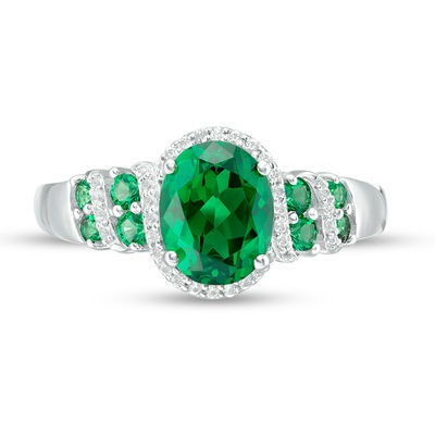 Oval Lab-Created Emerald and White Sapphire Frame Double Row Ribbon Wrap Ring in Sterling Silver