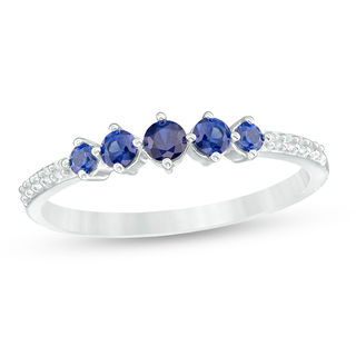 Lab-Created Blue and White Sapphire Graduated Five Stone Ring in Sterling Silver