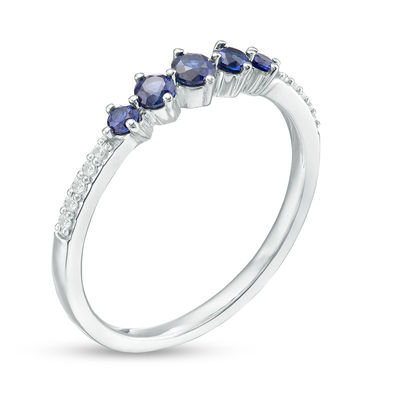 Lab-Created Blue and White Sapphire Graduated Five Stone Ring in Sterling Silver