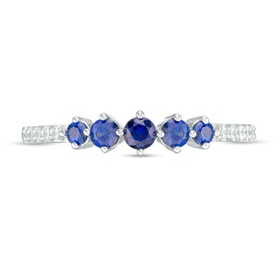 Lab-Created Blue and White Sapphire Graduated Five Stone Ring in Sterling Silver