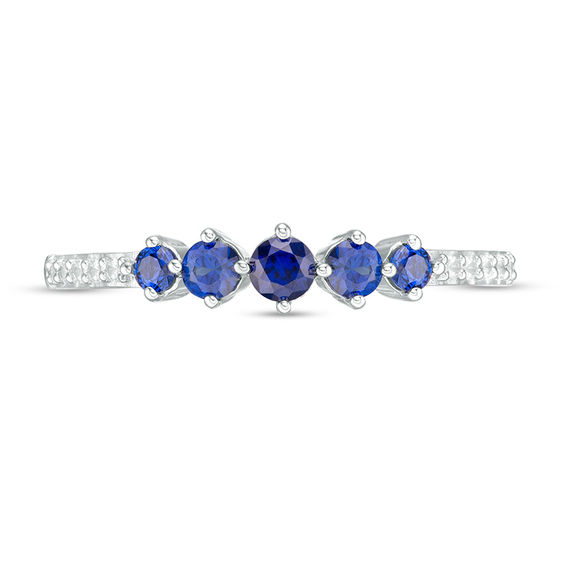 Lab-Created Blue and White Sapphire Graduated Five Stone Ring in Sterling Silver