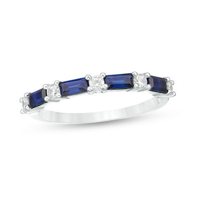 Baguette Lab-Created Blue Sapphire and 0.18 CT. T.W. Diamond Alternating Four Stone Ring in 10K White Gold