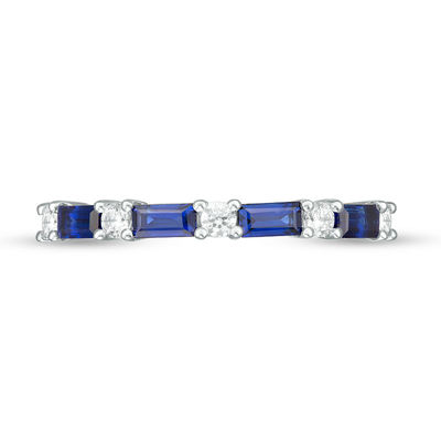 Baguette Lab-Created Blue Sapphire and 0.18 CT. T.W. Diamond Alternating Four Stone Ring in 10K White Gold