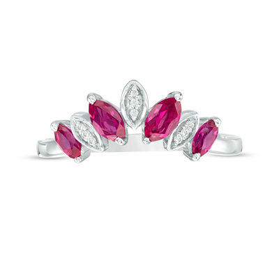 Marquise Lab-Created Ruby and Diamond Accent Alternating Four Stone Chevron Ring in Sterling Silver