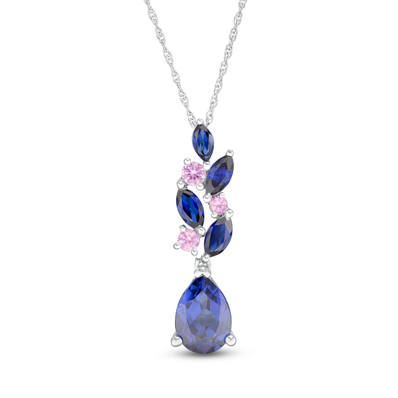 Multi-Shape Lab-Created Blue and Pink Sapphire Floral Cluster Drop Pendant in Sterling Silver|Peoples Jewellers