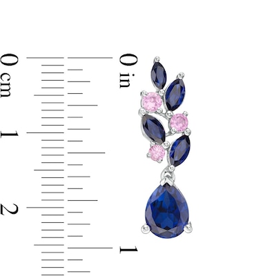 Multi-Shape Lab-Created Blue and Pink Sapphire Floral Cluster Drop Earrings in Sterling Silver