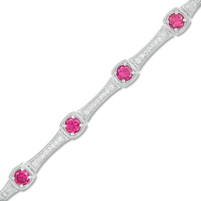 4.0mm Lab-Created Ruby and White Sapphire Bamboo Link Bracelet in Sterling Silver - 7.5"