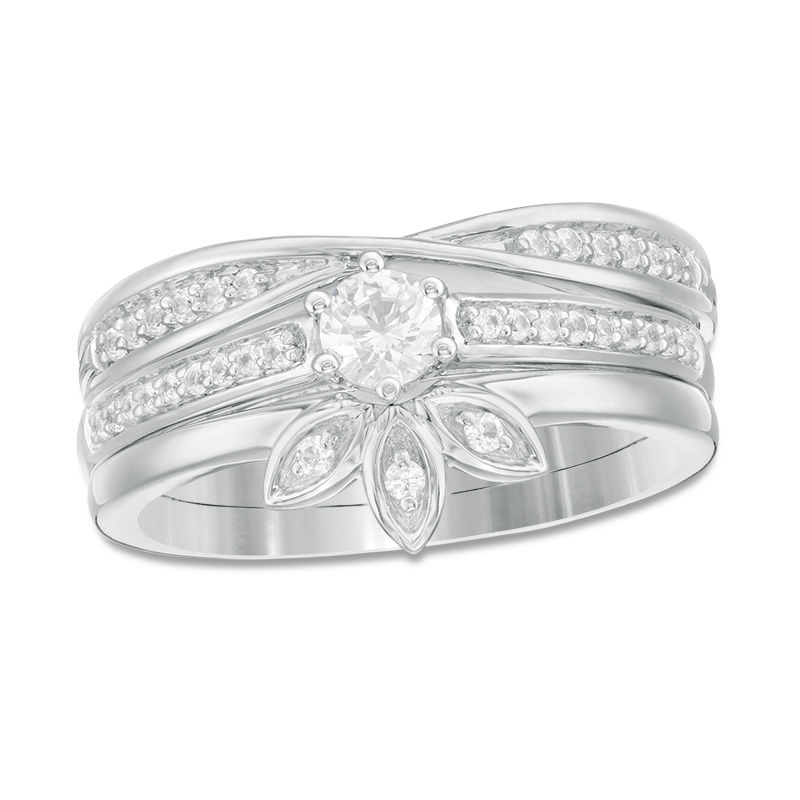 3.8mm Lab-Created White Sapphire Floral Three Piece Bridal Set in Sterling Silver|Peoples Jewellers