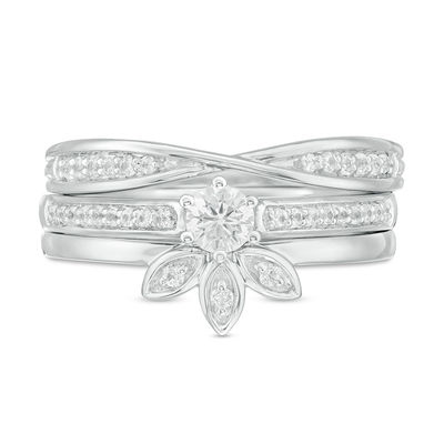 3.8mm Lab-Created White Sapphire Floral Three Piece Bridal Set in Sterling Silver