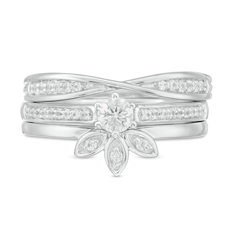 3.8mm Lab-Created White Sapphire Floral Three Piece Bridal Set in Sterling Silver