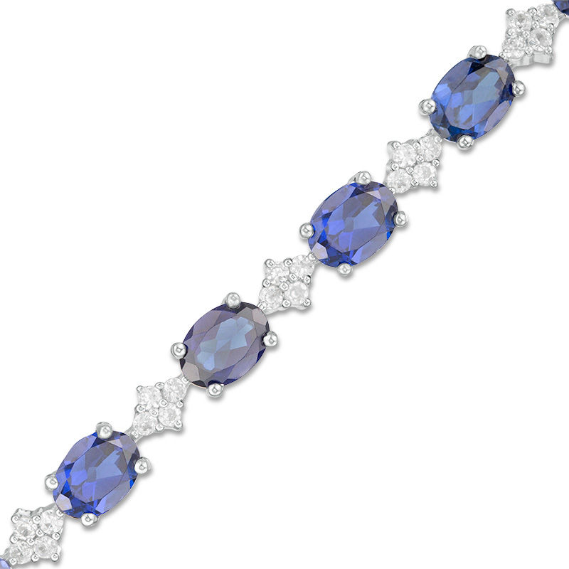 Oval Lab-Created and White Sapphire Cluster Line Bracelet in Sterling Silver