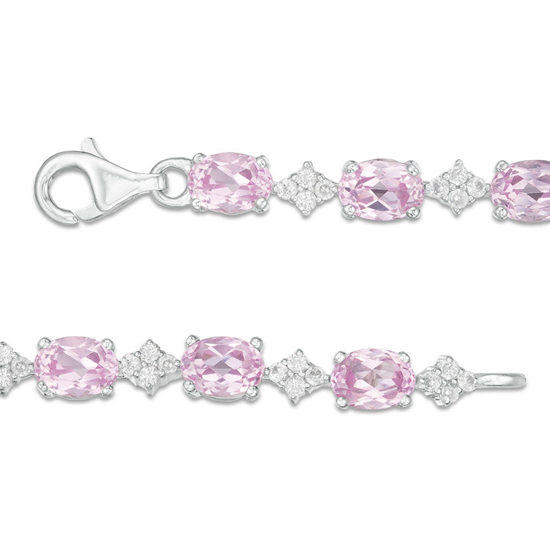 Main Image 3 of Oval Lab-Created Pink and White Sapphire Cluster Line Bracelet in Sterling Silver - 7.25&quot;