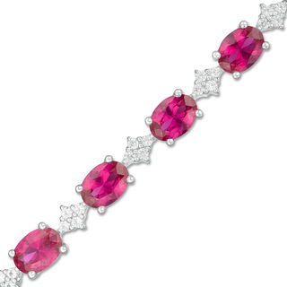 Oval Lab-Created Ruby and White Sapphire Cluster Line Bracelet in Sterling Silver - 7.25"