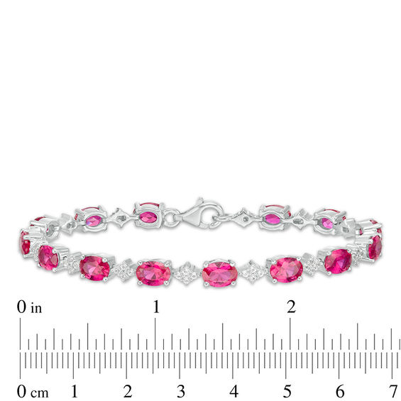 Oval Lab-Created Ruby and White Sapphire Cluster Line Bracelet in Sterling Silver - 7.25"