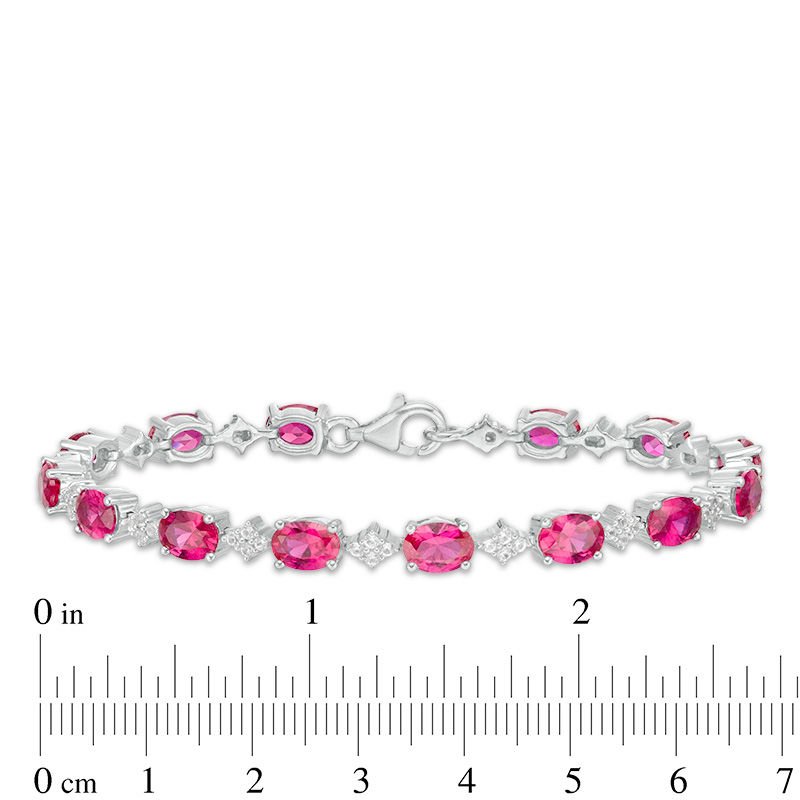 Oval Lab-Created Ruby and White Sapphire Cluster Line Bracelet in Sterling Silver - 7.25"|Peoples Jewellers