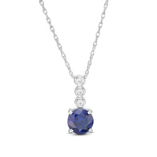 6.0mm Lab-Created Blue and White Sapphire Trio Linear Drop Pendant in Sterling Silver