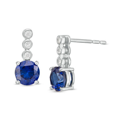 5.0mm Lab-Created Blue and White Sapphire Trio Linear Drop Earrings in Sterling Silver