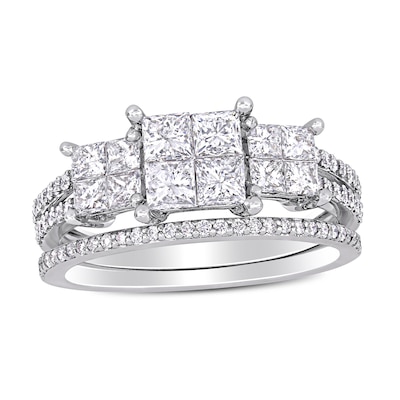 1.33 CT. T.W. Princess-Cut Quad Diamond Three Stone Double Row Bridal Set in 14K White Gold