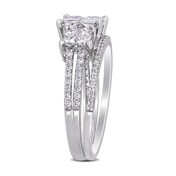 1.33 CT. T.W. Princess-Cut Quad Diamond Three Stone Double Row Bridal Set in 14K White Gold