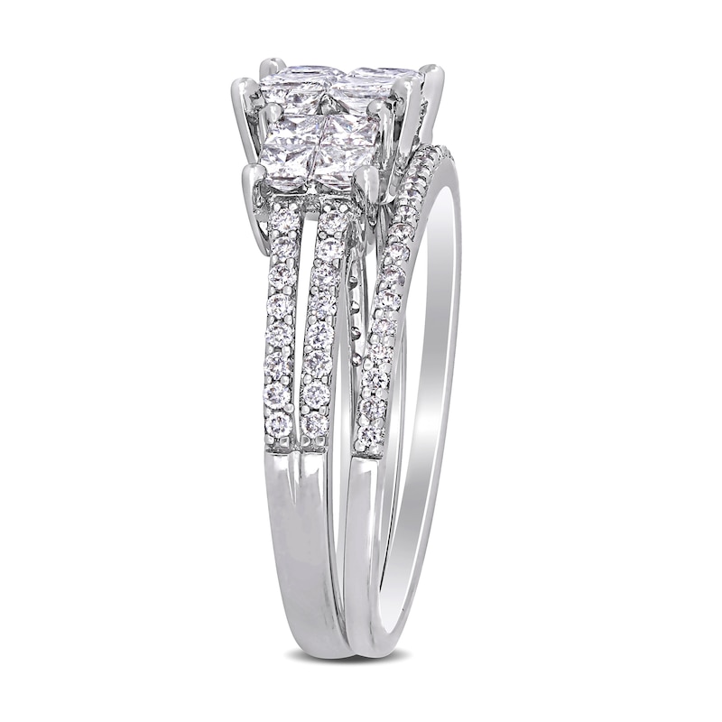 1.33 CT. T.W. Princess-Cut Quad Diamond Three Stone Double Row Bridal Set in 14K White Gold