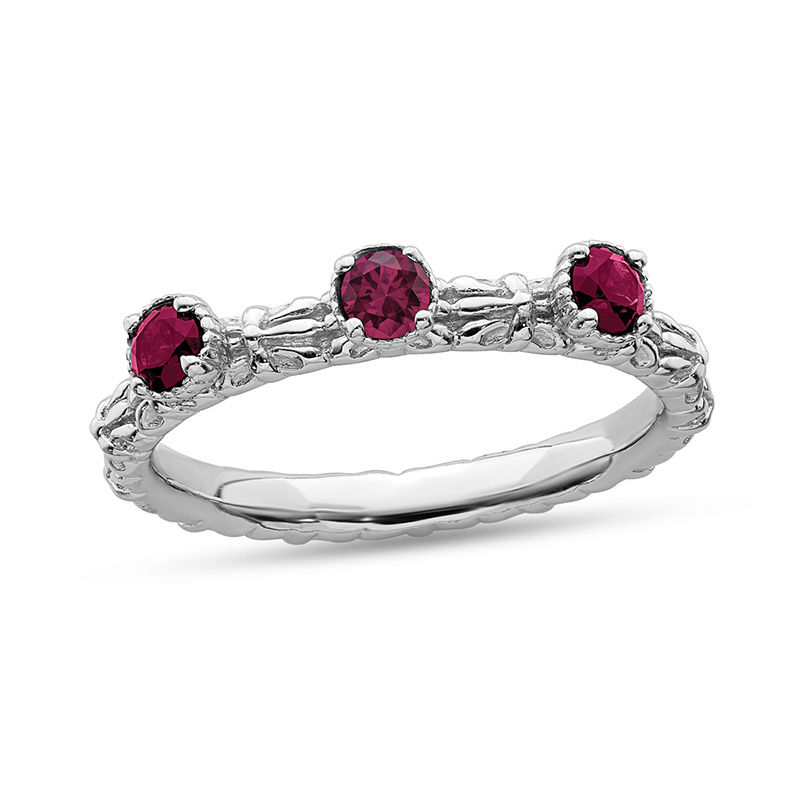 Stackable Expressions™ Created Ruby Three Stone Textured Ring in Sterling Silver|Peoples Jewellers