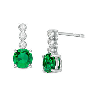 5.0mm Lab-Created Emerald and White Sapphire Trio Linear Drop Earrings in Sterling Silver