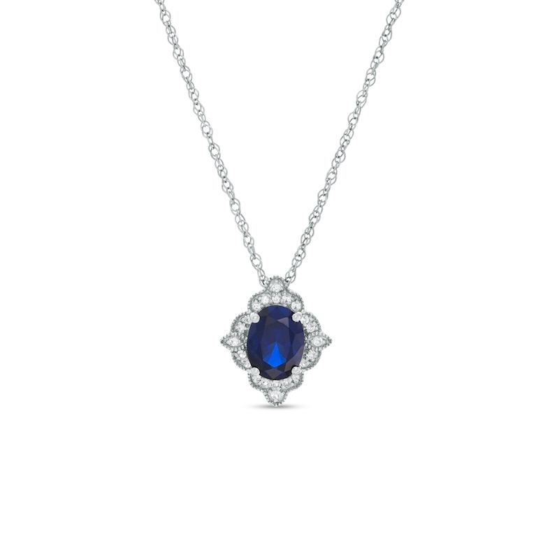 Oval Lab-Created Blue and White Sapphire Scallop Frame Vintage-Style Pendant in Sterling Silver|Peoples Jewellers