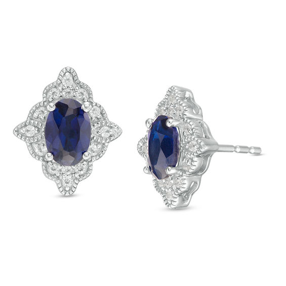 Oval Lab-Created Blue and White Sapphire Scallop Frame Vintage-Style Stud Earrings in Sterling Silver