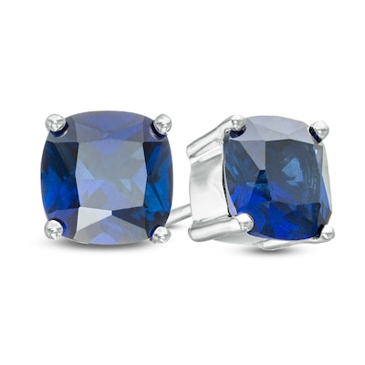 5.0mm Cushion-Cut Lab-Created Sapphire Solitaire Stud Earrings in Sterling Silver