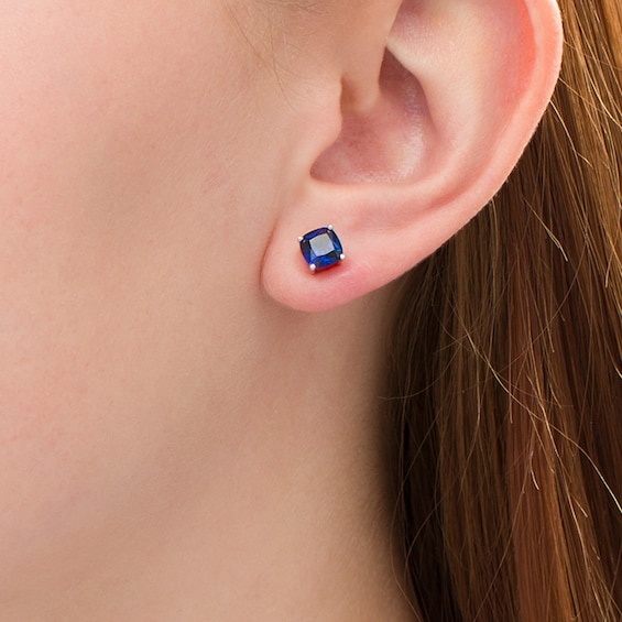 5.0mm Cushion-Cut Lab-Created Sapphire Solitaire Stud Earrings in Sterling Silver